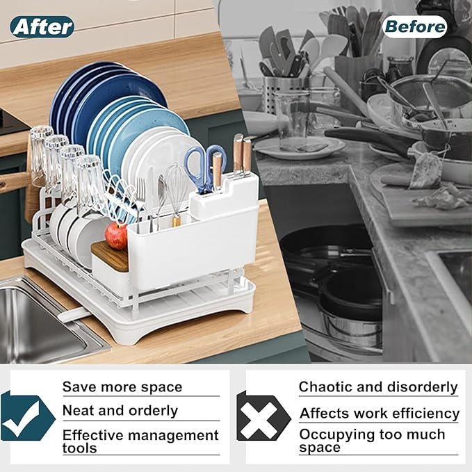 2 Tier Dish Drying Rack, Small Dish Rack for Kitchen Counter, Detachable Capacity Dish Drainer Organizer with Cutlery & Cup Holder (White)
