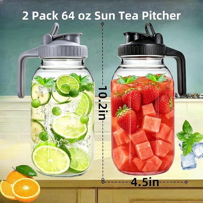 2 Pack 64 oz Glass Pitcher With Lid, Mason Jar Pitcher, 2 Quart Breast Milk Pitcher Jug with Flip Cap Leak Proof, Glass Sun Tea Jar for Ice Tea, Cold Brew Coffee, Breast Juices