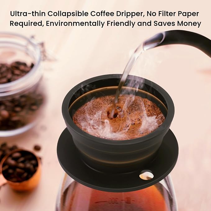 2-Packs Paperless Collapsible Pour Over Coffee Dripper, Travel Pour Over Coffee Maker Camping, Travel Pour Over Coffee Kit, Camping Pour Over Coffee Maker 1 Cup, Black