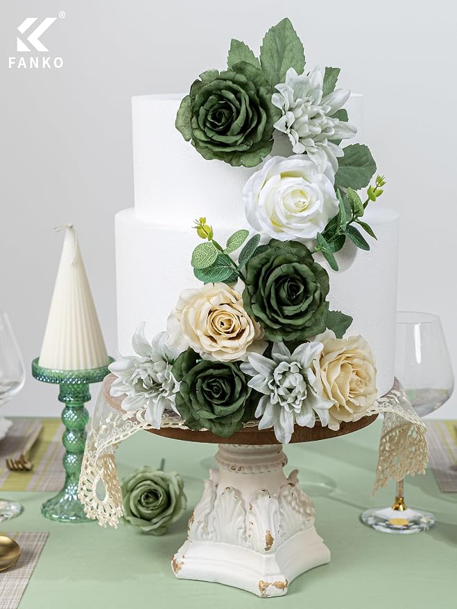 FANKO Artificial Flowers for DIY, Green White Cream Faux Flowers Bouquet, Fake Rose Silk Flowers for Vase, Home Decor, Garlands, Greenery-Themed Wedding, Party, Housewarming