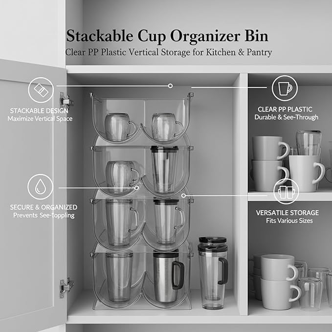 Clear Stackable Cup Organizer Bin, Vertical Storage Container for Kitchen Cabinets & Pantry, Durable PP Plastic