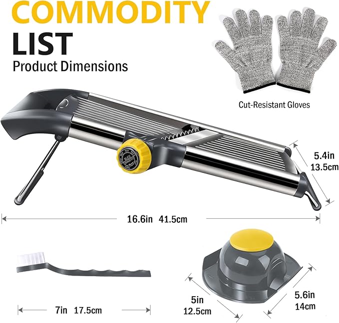 Masthome Adjustable Mandoline Food Slicer, Mandoline Slicer for Kitchen, Stainless Steel Mandolin, Fruit and Vegetable Cutter with Cut-Resistant Gloves and Cleaning Brush-Yellow