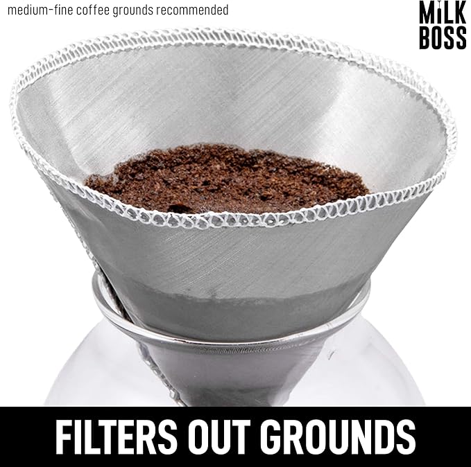 Milk Boss Pour Over Coffee Filter - Permanent Paperless Stainless Steel Reusable Coffee Filter - Flexible Fine Mesh Coffee Filter Reusable For Hario, Chemex, Ovalware, and Other Carafes (Filter #1)