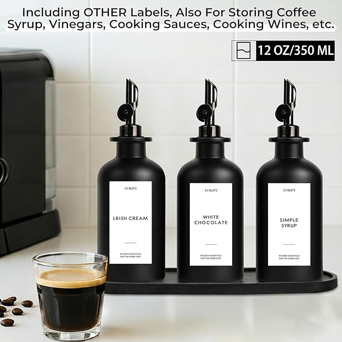 3PCS Olive Oil Dispenser Bottle For Kitchen, Soy Sauce Dispenser, Dark Glass Bottles for Oil and Vinegar Dispenser Set W. Wooden Tray & Labels & 3 Replacement Spouts, Coffee Syrup Dispenser(Black)
