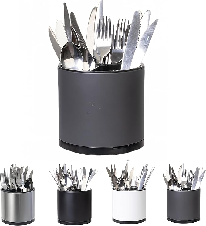 LIBODOUR Silverware Organizer Kitchen Utensil Holder 360°Rotating For Counter Organizer Stainless Steel Storage Silverware Caddy 3 Compartment Flatware Spoon Spatula Tool Cutlery Container(Grey)