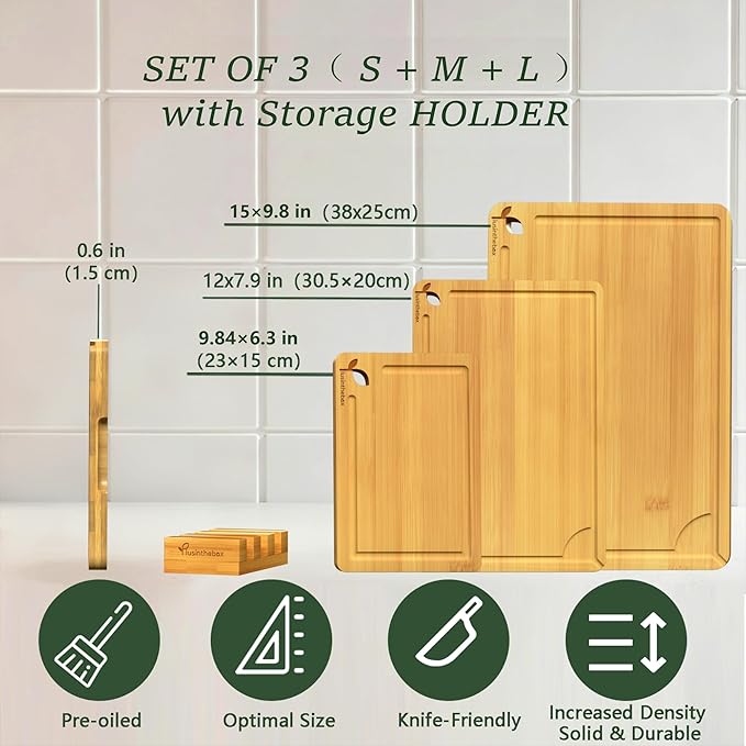 Cutting Boards for Kitchen, Bamboo Cutting Board Set of 3 with Storage Stand, Carbonized Chopping Boards with Deep Juice Grooves and Handles for Meat, Bread, Dough Kneading and Food Prep