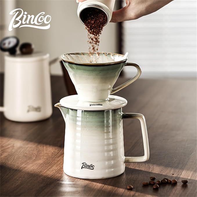 Bincoo Pour Over Coffee Maker&Dripper, Style Cone Filter + 450ml Ceramic Coffee Server, Manual Coffee Brewer Set, Reusable Coffee Filter Holder, Great Gift for Coffee Enthusiasts(Green)