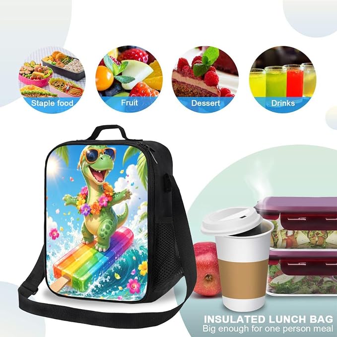 Dinosaur Cartoon Lunch Bag for Adults Women Men Portable Insulated Lunch Box Tote Adjustable Shoulder Strap Lightweight Reusable Thermal Meal Tote for Picnic Work