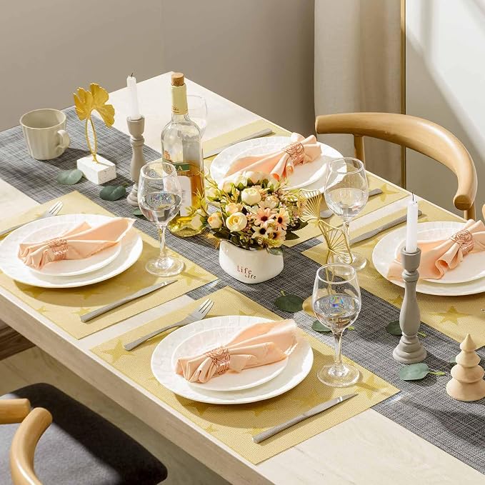 AHHFSMEI Placemats Set of 6 Washable Woven Vinyl Placemats for Dining Table Heat Resistant Non-Slip Stain Resistant Table Mats for Kitchen & Home Decor(Gold Star,6)