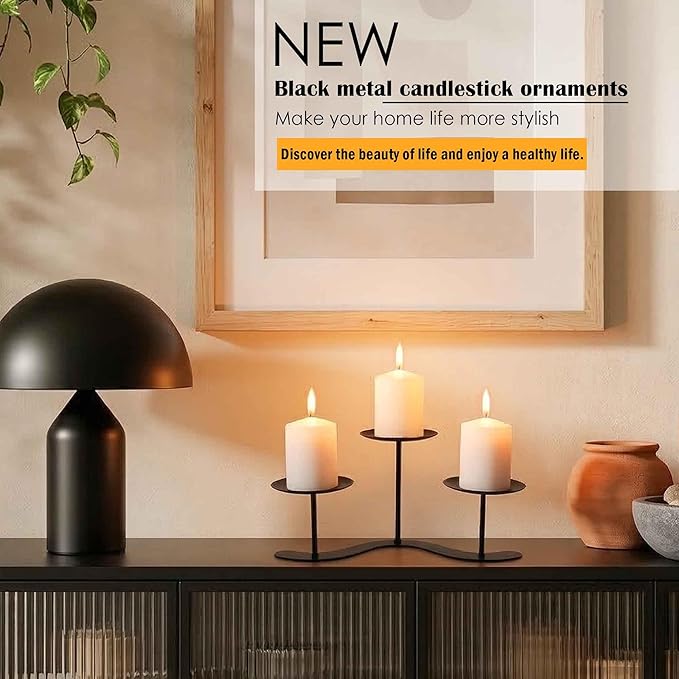 Iron Candle Holder Fireplace: 3 Arms Metal Candelabra Centerpiece Decor - Candle Holder Stand for Candelabra Pillar Candles