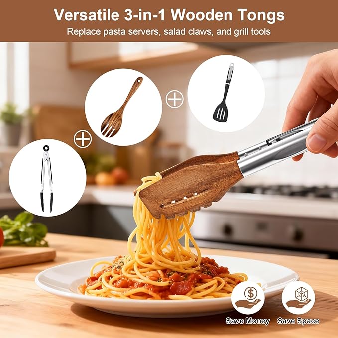 2 Pack 3-in-1 Wooden Tongs for Cooking(12", 15") Natural Walnut Wood kitchen Tongs, Nonstick Heat Resistant Cooking Tongs for Serving, Pasta, Salad, Grilling | Stainless Steel Non-Slip Grip, Pull Lock