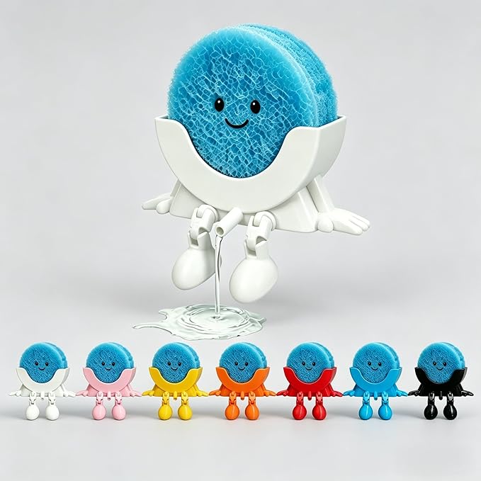 Cute Hanging Sponge Holder with Drainage,3D Printed Kitchen Funny Sponge Stand for Sink,with non-slip pads,Suitable for Scrub Daddy Holder,Keeps Your Sponge Dry Smiling (White)