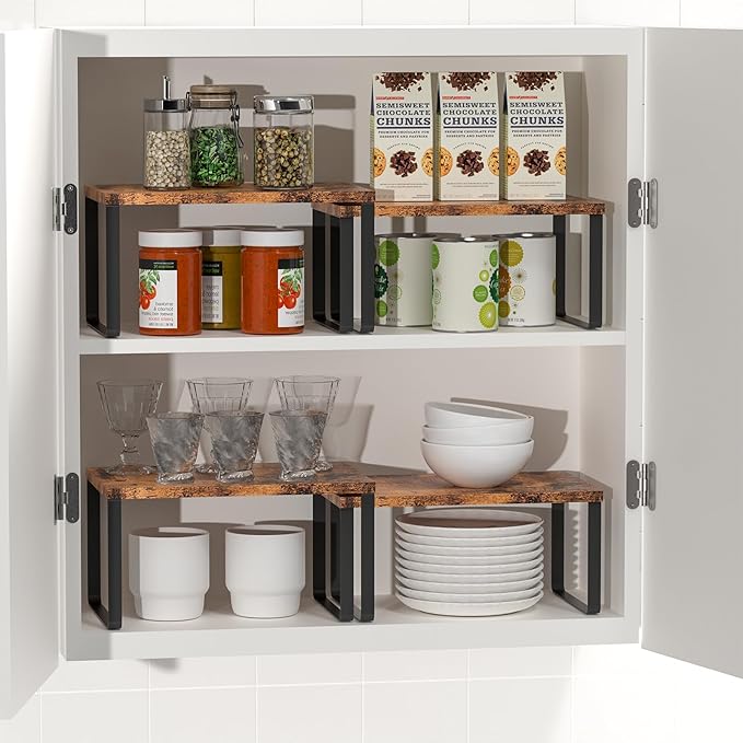 Set of 4 Counter Shelves Kitchen Stackable Cabinet Shelf Wood Organizer Expandable Counter Top Racks Brown Bathroom Counter organizer