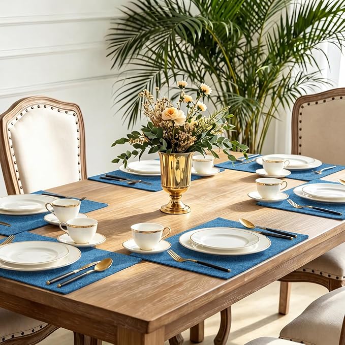 homing Faux Cotton Linen Placemats Set of 6, Cloth Washable Farmhouse Dining Table Mats for Indoors & Outdoors, Easy to Clean, Blue, 13 x 19 Inch