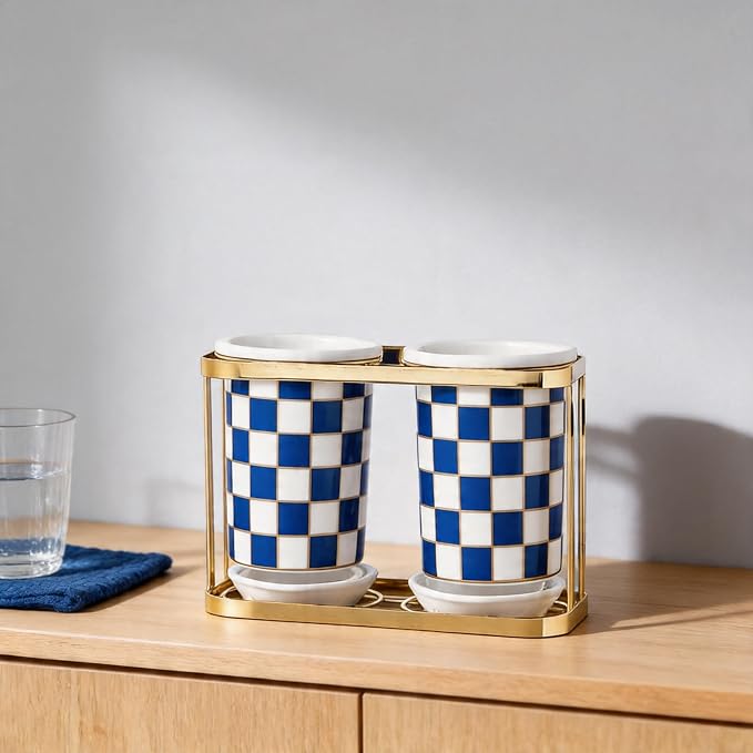 Multi-functional Ceramic Checkered Utensil Crocks,Kitchen Utensil Storage, Bathroom Checkered Bathroom Toothbrush Holder, Flatware Organizer & Home Accessory