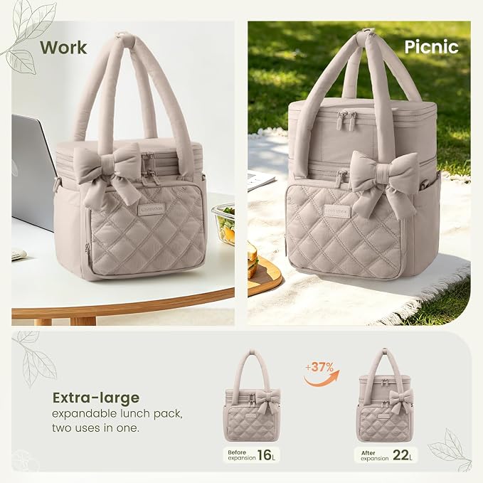 LOVEVOOK Insulated Lunch Bag Women,Expandable Double Deck Adult Lunch Box Women with Cup Holder,Bow Quilted Puffer Lunch Tote,Large Leakproof Collapsible Cooler Bag for Work College Picnic Meal Prep