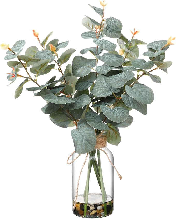 15.74” Artificial Eucalyptus Stems in Glass Vase with Faux Water & Natural Stones, Lifelike Fake Greenery for Modern Farmhouse Home Decor, Bathroom Decor, Office Desk Centerpiece