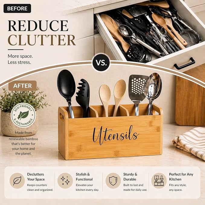 Bamboo Kitchen Utensil Holder for Countertop – Large 3-Compartment Cooking Utensil Organizer & Caddy with Drain Holes, Farmhouse Bamboo Holder for Kitchen Counter, Wood Storage for Spatulas & Spoons