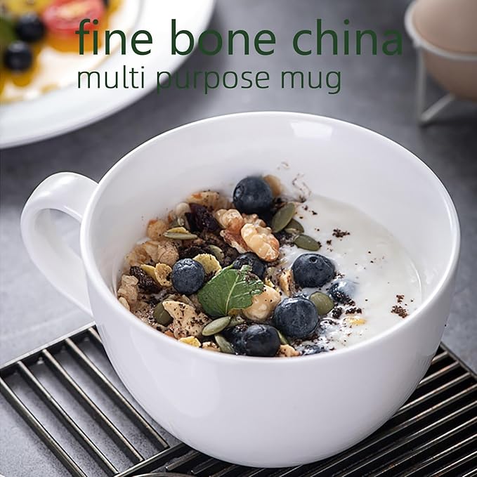Chulan 22 oz Extra Large White Bone China Cereal Mugs Set of 2, Ceramic Coffee Mug, Latte Mugs Mocha Tea Cup, Jumbo Porcelain Soup Mugs with Big Handle for Desserts Snack, Microwave Dishwasher Safe