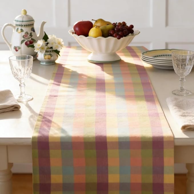 Urban Villa Easter Checks 100% Cotton Fused Table Runner, 14" x 72" Inches, Checkered/Plaid Pattern, Heavy Duty, Machine Washable, Eco-Friendly, Food Safe