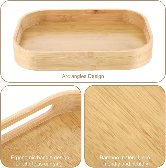 Set of 2 Bamboo Serving Trays with Handles, 2 Sizes Rectangular Solid Wooden Breakfast Trays with Arc Angles for Food, Dinner, Tea, Coffee, 15.7" L x 11" W & 13" L x 8.6" W