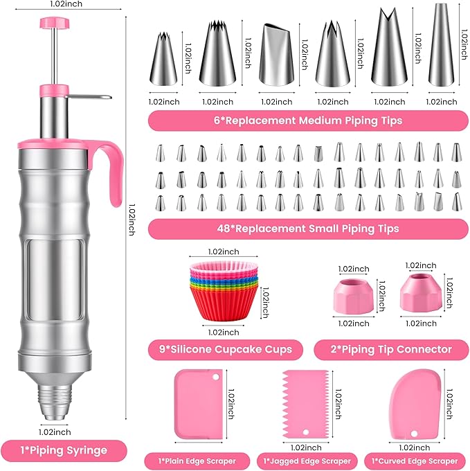 Dessert Decorating Syringe Set - Cupcake Icing Piping Kit, Cupcake Frosting Filling Injector with 54 Piping Icing Nozzles, 9 Silicone Cupcakes, 3 Cream Scrapers -for Cake,Cupcakes,Cookie (69Pcs-Pink)