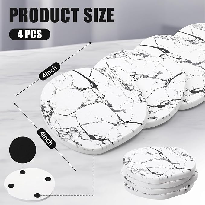 Diatomaceous Earth Coasters Set of 4，Cool Absorbent Quick-Dry Drink Coasters for Desks, Cute Modern Stone Design with Stylish White Aesthetic (4, Marble White)