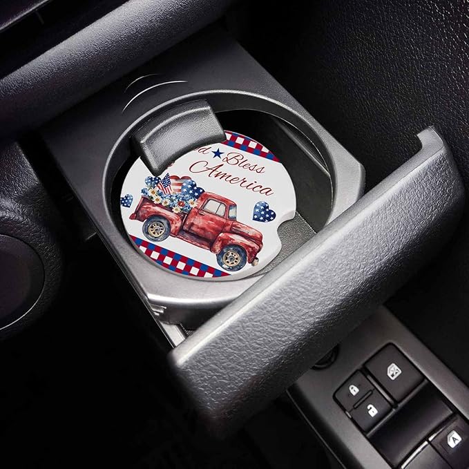 4th of July Car Drinks Coasters Red Truck Flowers Heart Red White and Blue Plaid Check Round Coaster Car Accessories with Absorbent Ceramic Stone Finger Notch for Easy Removal (Set of 6 Pack)