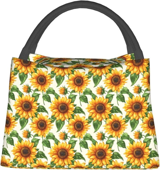 Bright Sunflower with Green Leaf Lunch Box for Women Girls Adults Insulated Yellow Flowers Lunch Bag for Work Picnic Camping Travel Gifts Large Capacity Cooler Thermal Reusable Floral Tote Makeup Bags