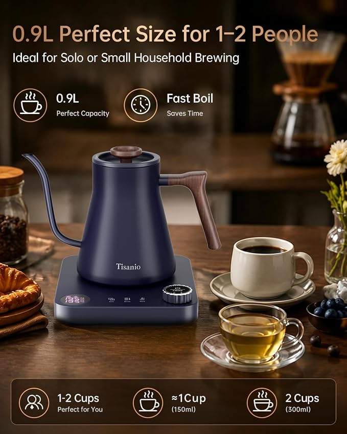 Gooseneck Electric Kettle for Pour Over Coffee, ±1°F Precision Control, Smart Two-Stage Heating, 2-Hour Keep Warm, 0.9L Stainless Steel, Blue Wood Handle