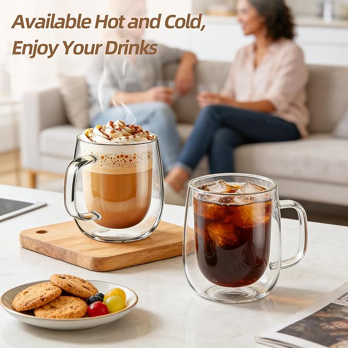 12 OZ Glass Coffee Mug Pack of 6, Double Wall Glass Mug with Handle Insulated Clear Glass Coffee Cup for Espresso, Cappuccino, Latte, Americano, Tea
