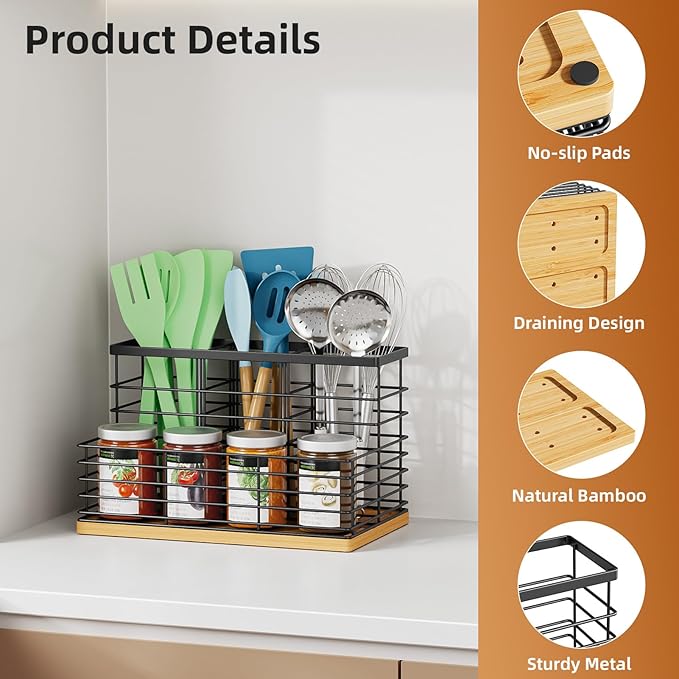 VITVITI Kitchen Utensil Holder for Counter, Large 4 Compartments Metal Bamboo Utensil Organizer, Farmhouse Cooking Utensils Holder Caddy for Countertop, Black