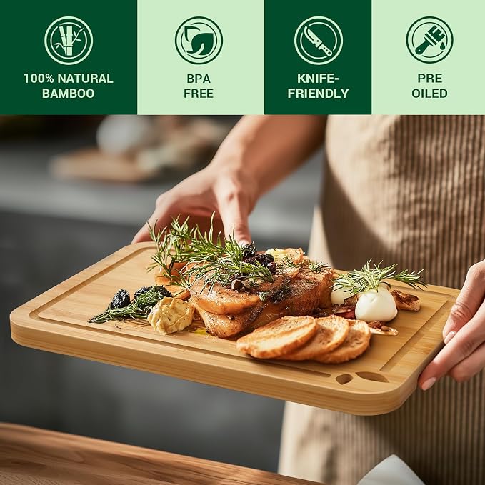 11 x 7.5 inch Bamboo Cutting Boards for Kitchen with Silicone Mat, Lightweight & Knife-Friendly Wood Cutting Board Set with Side Handles and Juice Grooves, Natural