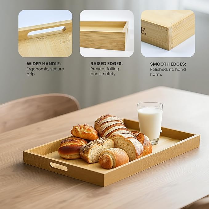 Bamboo Serving Trays with Handles Set of 2 - Portable Rectangular Trays for Serving Food, Serving, Decor & Storage, Suitable for Bedroom, Living Room, Kitchen, Restaurant, Outdoor & More