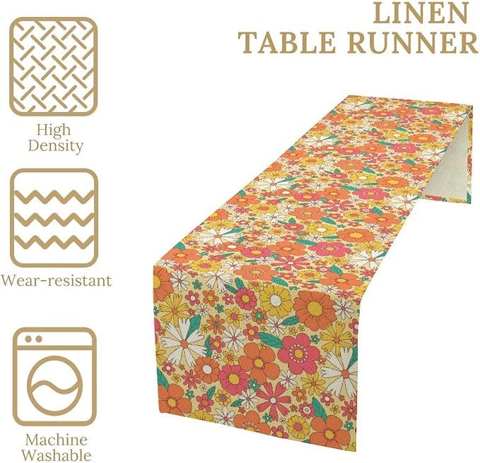 Retro 70s Floral Table Runner,Vintage Hippie Summer Groovy Daisy Flower Dinner Runner for Home Kitchen Dining Table Party Holiday Decor 13x70 Inch