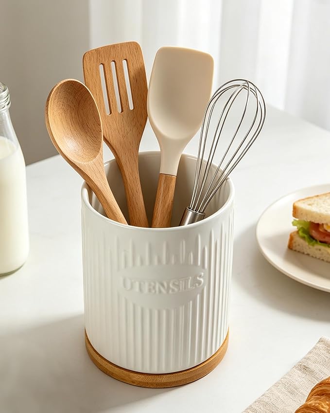 360° Rotating Utensil Holder, 7.6" Large Ceramic Kitchen Utensil Holder for Countertop with Rotatable Bamboo Base, Stable Cooking Utensil Crock, Farmhouse kitchen Decor, White