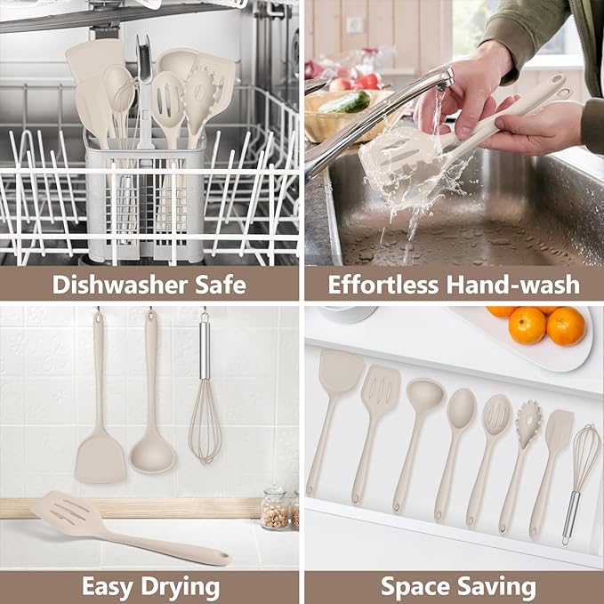 TeamFar 8 PCS Silicone Cooking Utensils - 446°F Heat Resistant Kitchen Silicon Utensils Set, Turner, Spatula, Spoon, Whisk, Kitchen Cooking Gadgets Tools for Nonstick Cookware, Dishwasher Safe-Khaki