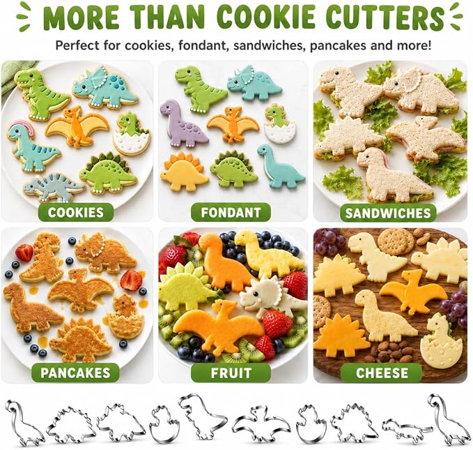 10-Pack Dinosaur Cookie Cutters, Stainless Steel Dino Baking Set | T-Rex, Triceratops and assorted dino shapes for cookies, fondant and sandwiches