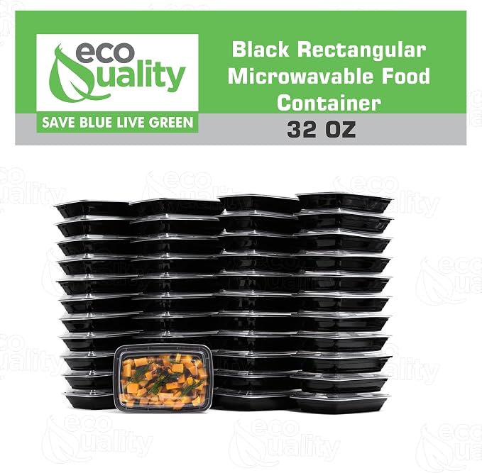 32 oz Reusable Food Storage 25 Pack Containers with Lids by EcoQuality – Rectangular BPA Free Freezer, Microwave & Dishwasher Safe – Airtight & Watertight Stackable, Lunch Meal Prep, To-Go, Bento Box