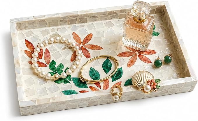 Mother of Pearl Inlay Wooden Tray – Handmade Decorative Rectangle Serving Tray for Coffee Table, Kitchen, Bathroom, Vanity or Living Room Decor,Flowers and Grass