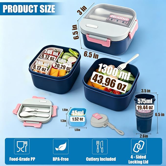 Adult Lunch Bento Box with Insulated Lunch Bag, 50oz Lunch Container with 3 Sauce Containers/20oz Bottle/Utensils, Lunchbox for Women Men, Leak-Proof/BPA-Free/Microwave/Dishwasher Safe(Blue)