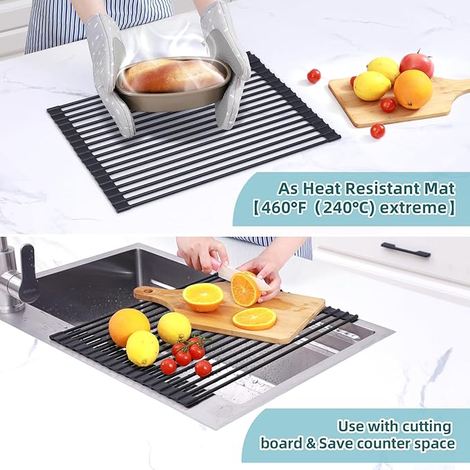 Ohuhu Roll Up Dish Racks, 16.5" L x 13" W Over The Sink Dish Drainer Drying Rack Kitchen Sink Organizer Silicone Wrapped Large in Sink Dish Drying Rack Foldable Rolling Drain Mats Anti-Slip