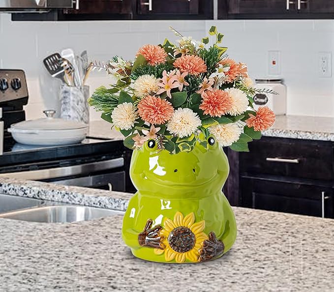 dgudgu Frog Shaped Cermaic Utensil Holder For Kitchen Counter Ceramc Utensil Crock Countertip Large Size Green Frog Embracing Sunflower Decorative Design Kitchen Canister Decor