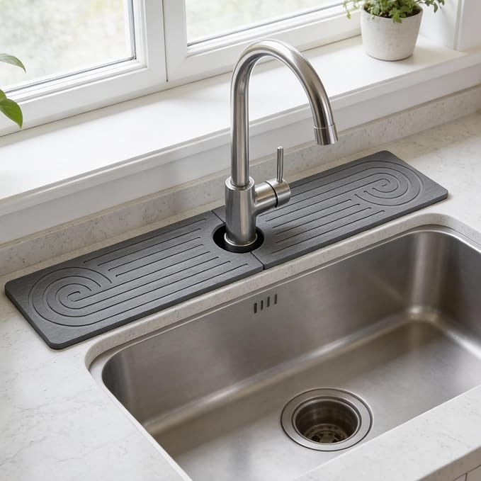 Hopegiver Stone Faucet Mat for Kitchen Sink - Fast Drying Diatomite Sink Protector Prevent Moisture, Super Water Absorbing Stone Tray for Kitchen & Bathroom Counter (Gray, 23.6"x5.1")