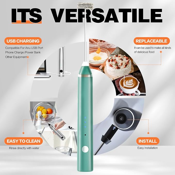 Milk Frother Rechargeable Handheld Electric Whisk Coffee Frother Mixer with 3 Stainless whisks 3 Speed Adjustable Foam Maker Blender for Coffee Matcha Latte Cappuccino Hot Chocolate（Green)