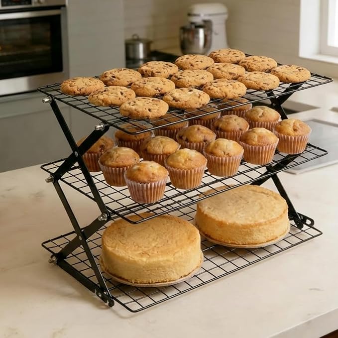 3 Tier Collapsible Cooling Rack, Adjustable Stackable Wire Cooling Racks for Baking, Tight-Grid Cookie Cooling Rack, Space-Saving Baking Rack for Small Kitchen, Camping & BBQ
