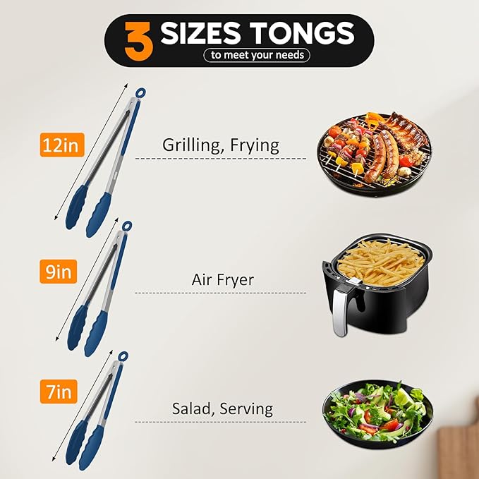 Kitchen Tongs, Stainless Steel Cooking Tongs with Silicone Tips, 600ºF High Heat-Resistant Non Scratch Locking Tongs for Cooking BBQ Grilling Air Fryer Pans, Set of 3 (7" 9" and 12") Navy Blue