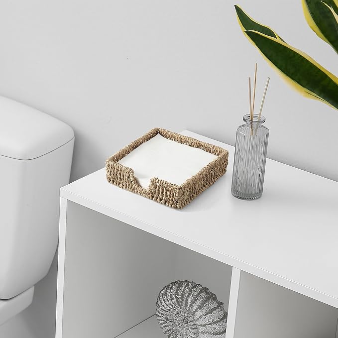 Napkin Holder for Table, Woven Seagrass Napkin Holders For Paper Napkins, Wicker Napkin Holders for Kitchen Dinner Table Boho Decor and Accessories, Square Napkin Basket and Serving Tray