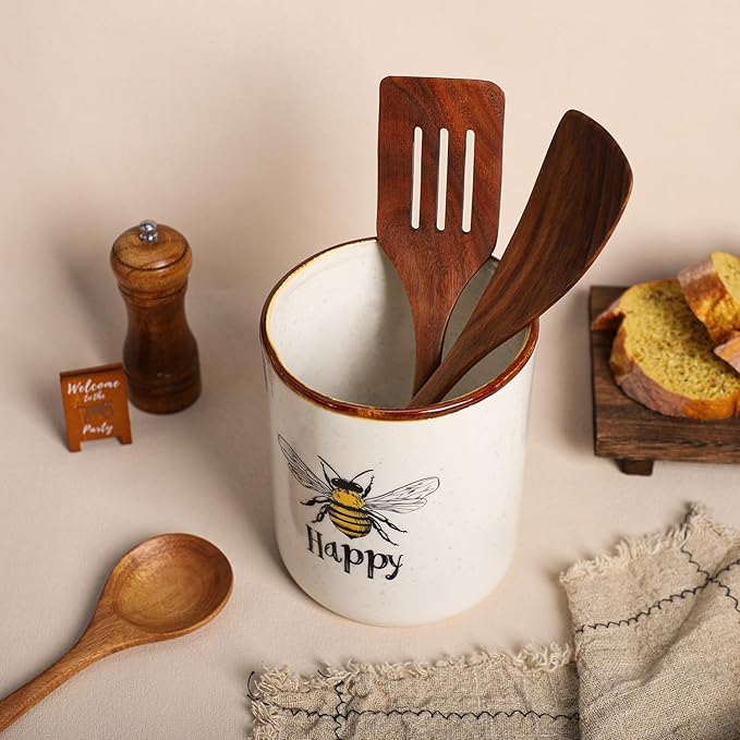 SOCOSY Bee Happy Ceramic Kitchen Utensil Holder For Countertop Large Cooking Utensil Crock Holder Spatula Holder-Yellow