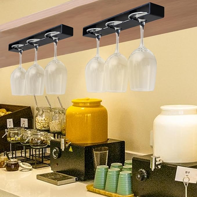 Wine Glass Holder, 2 Pack, No Drilling Required, Hanging Stemware Rack Organizer for Bar Cabinet Kitchen, Black